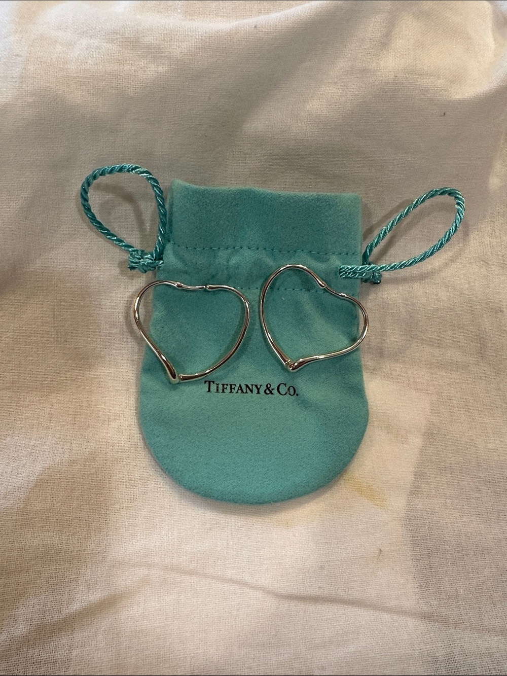 Tiffany & Co Elsa Peretti Sterling Silver Heart Hoop Earrings with Blue Pouch